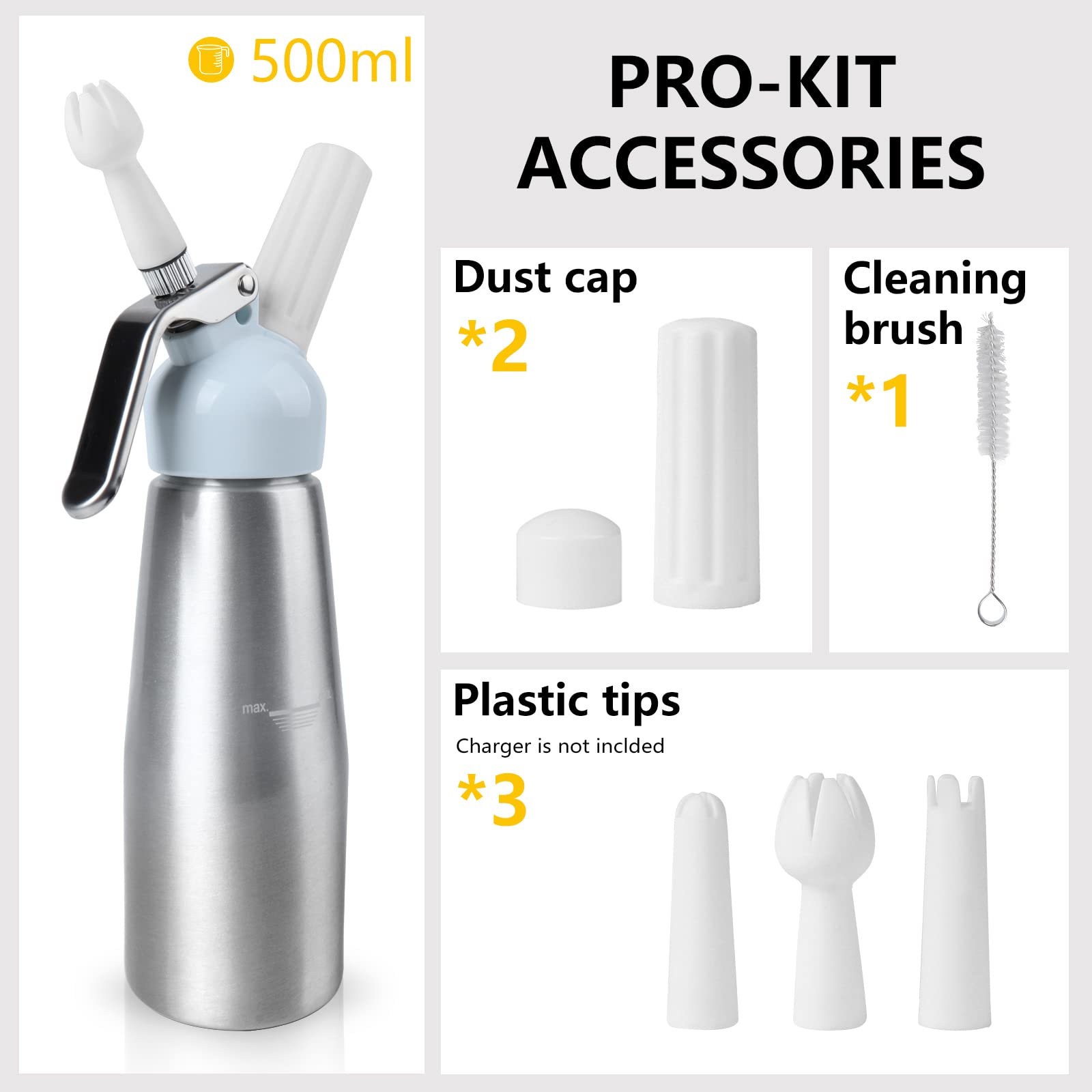 VIGIND whipped cream dispenser with three nozzles enables elegant dessert swirls.