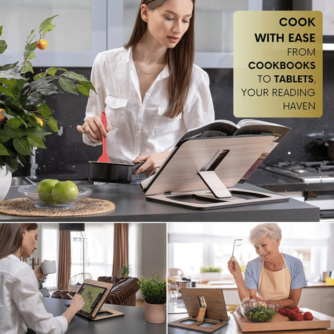 Vigo Wood walnut kitchen use shown as a durable cookbook holder for cooking prep.