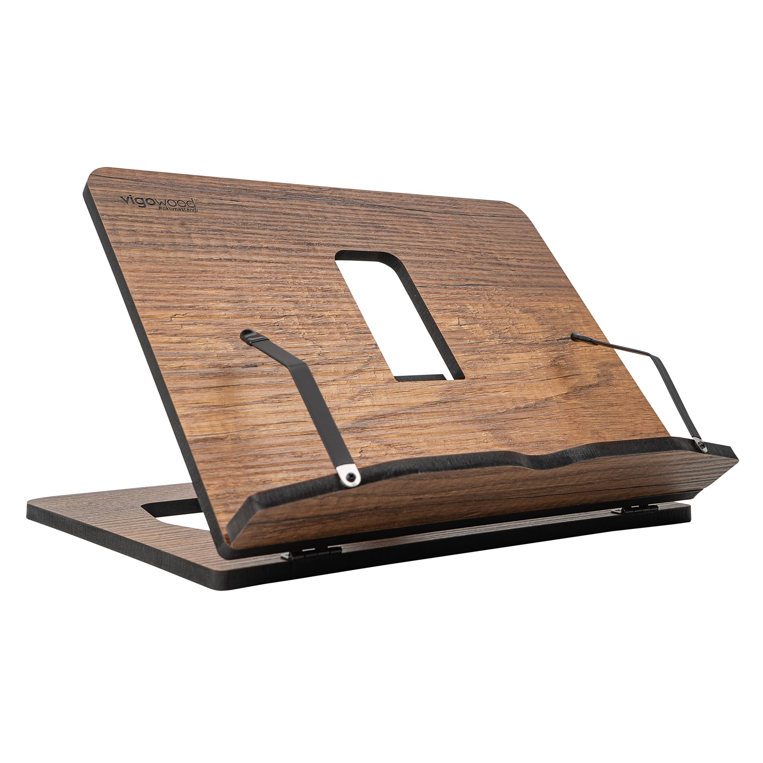 Vigo Wood walnut book stand holds an open cookbook for easy recipe reading.