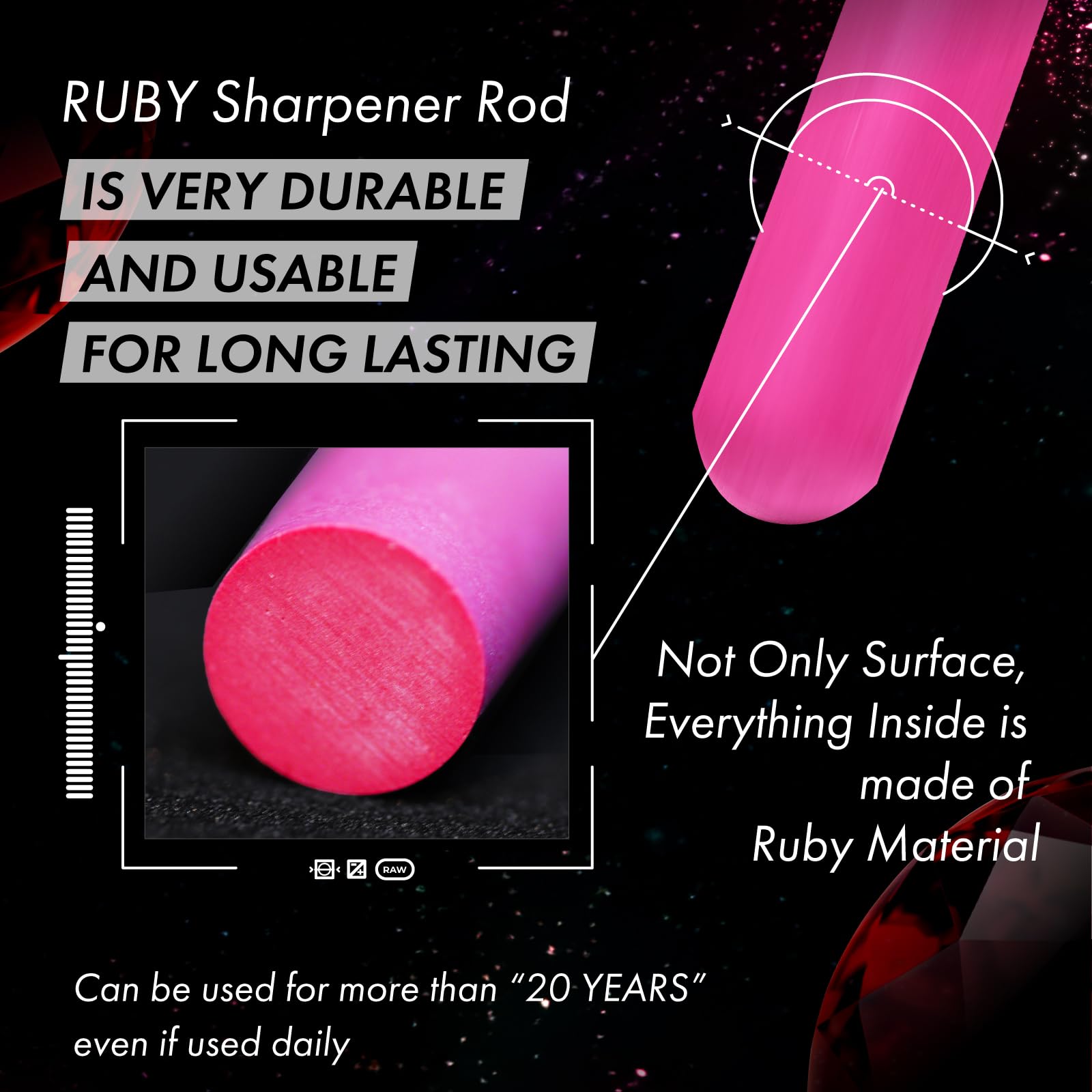 VIGORCRAFT Ruby Sharpener Rod close-up highlights durable ruby material