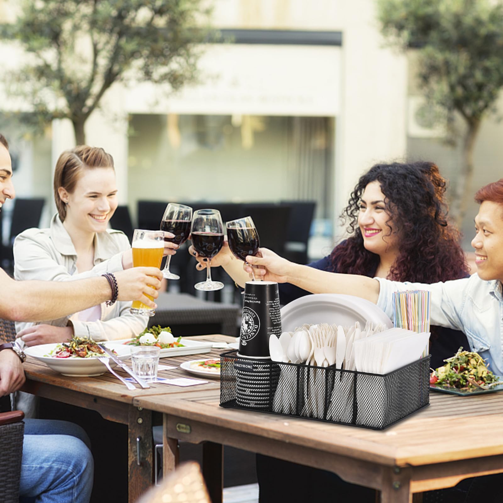 VIKEYHOME camping and picnic setup organizes plates, cups, and napkins efficiently.