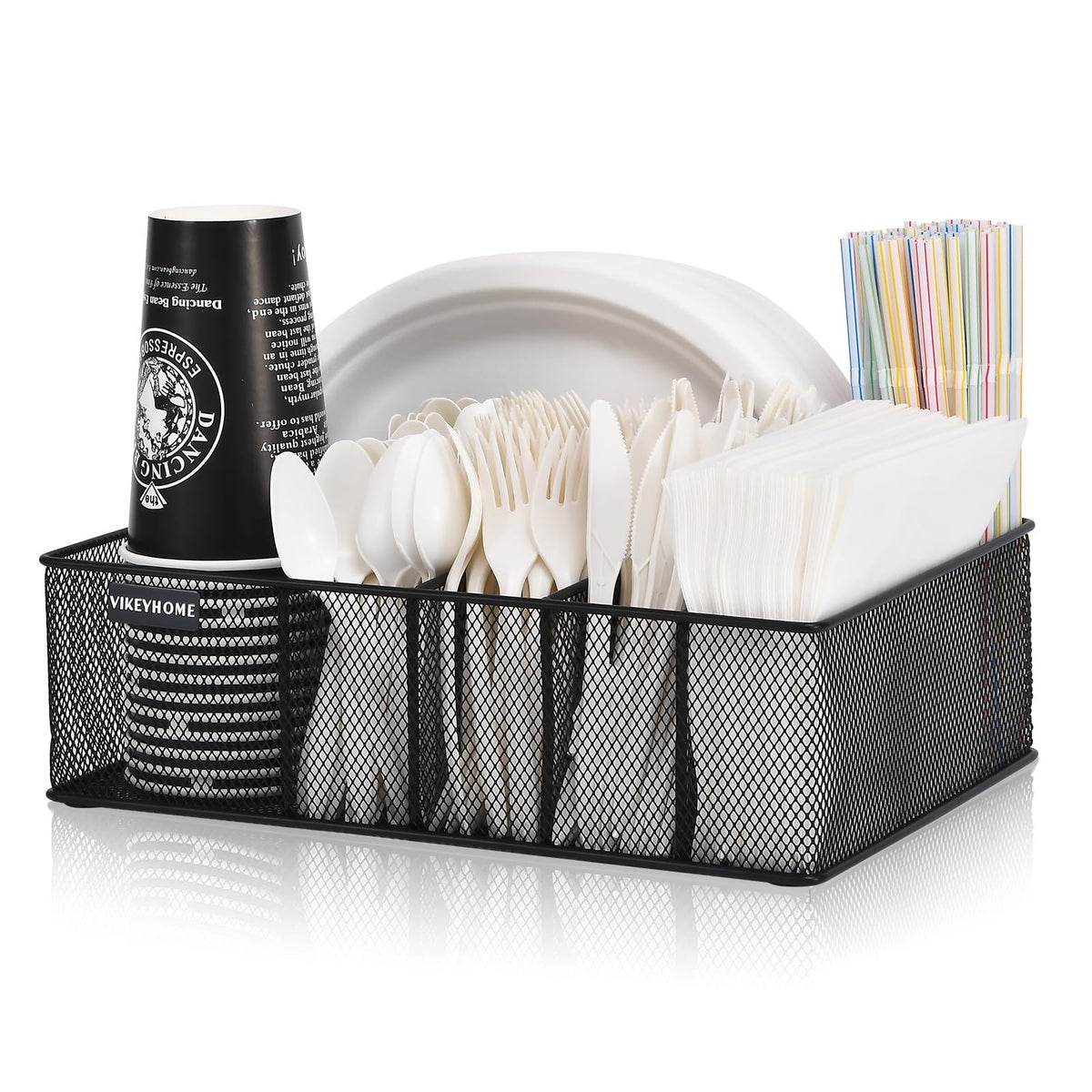 VIKEYHOME paper plate organizer on counter keeps plates tidy and accessible.
