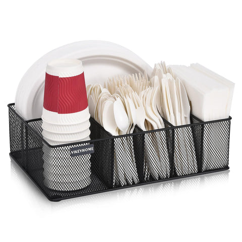 VIKEYHOME silverware caddy with six compartments keeps utensils organized.