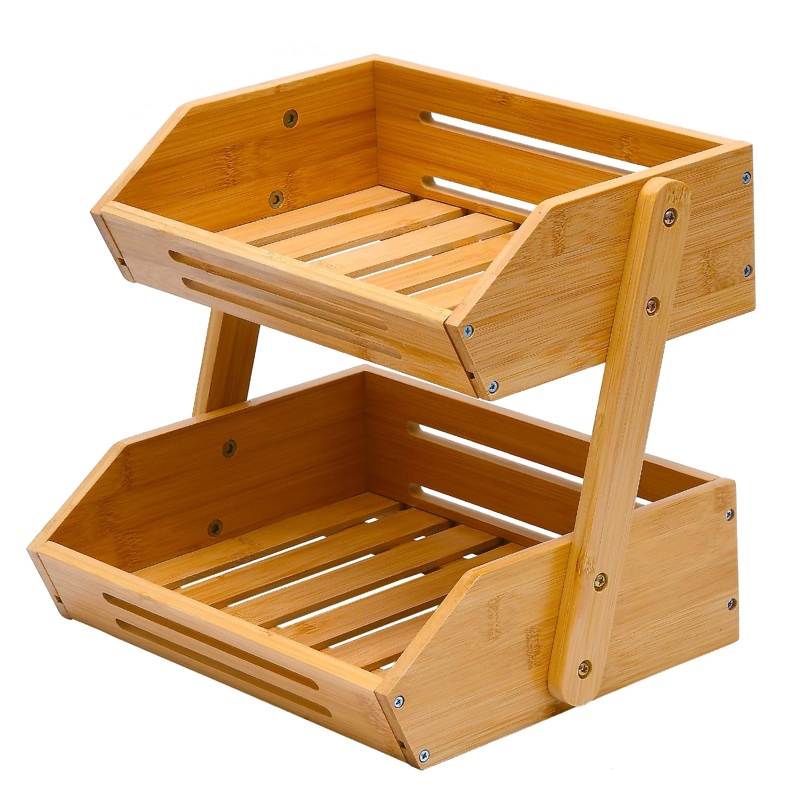 VIKEYHOME two-tier bamboo fruit basket on countertop for organized fruit and vegetables