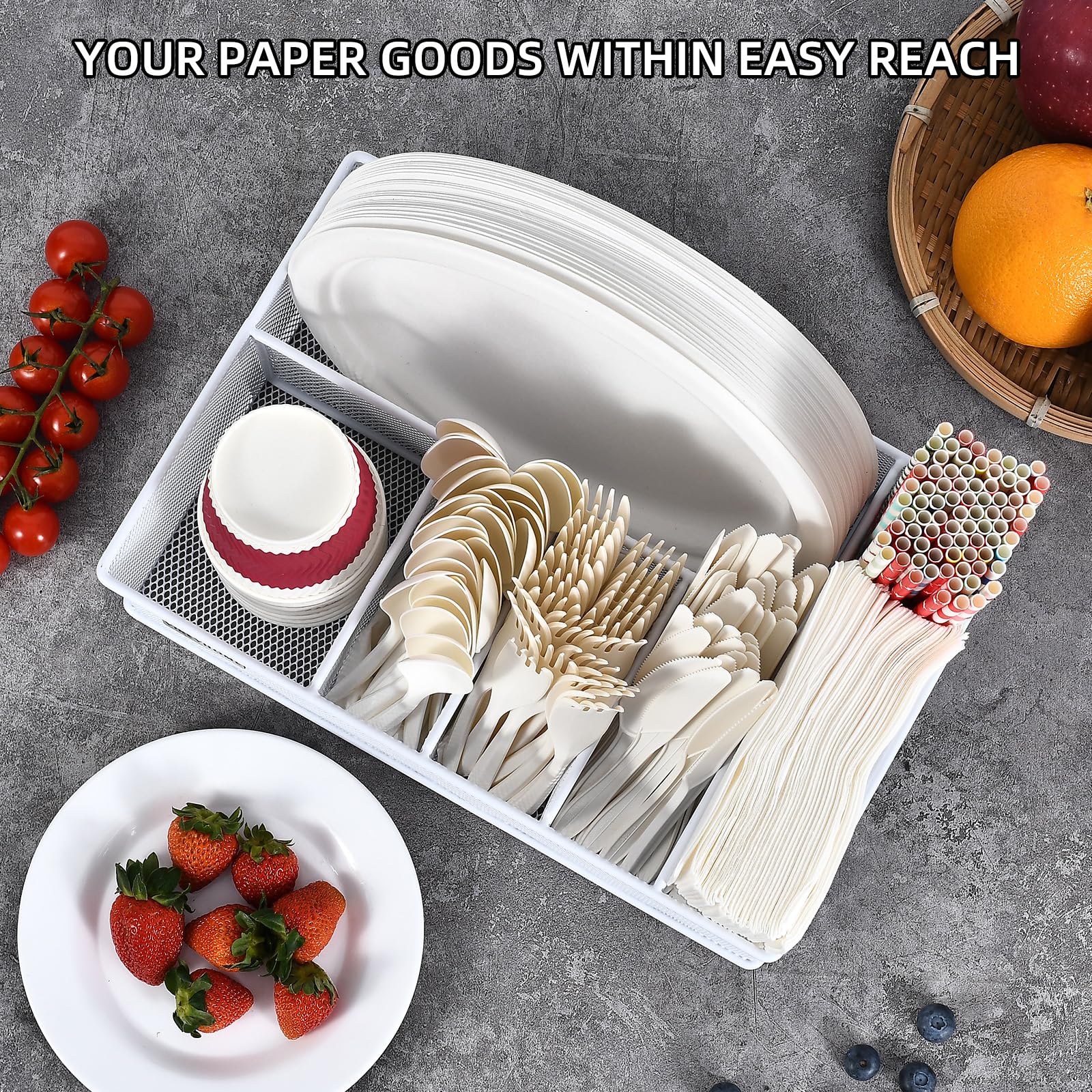 VIKEYHOME napkin compartment arranged with plates and cups for easy reach.