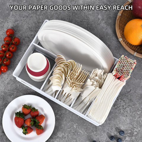 VIKEYHOME napkin compartment arranged with plates and cups for easy reach.