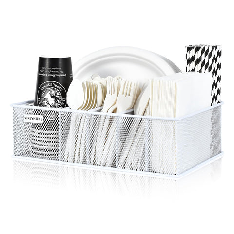 VIKEYHOME silverware caddy top view showing six compartments for utensils.