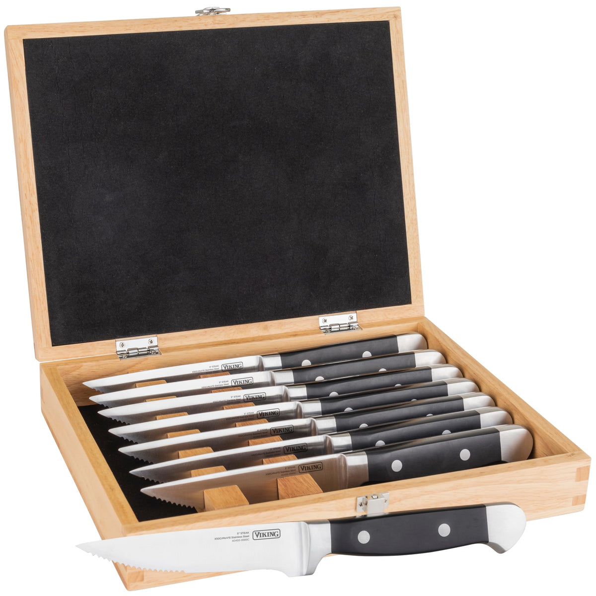 Viking 8-piece steak knife set in wood box with serrated blades for easy carving.
