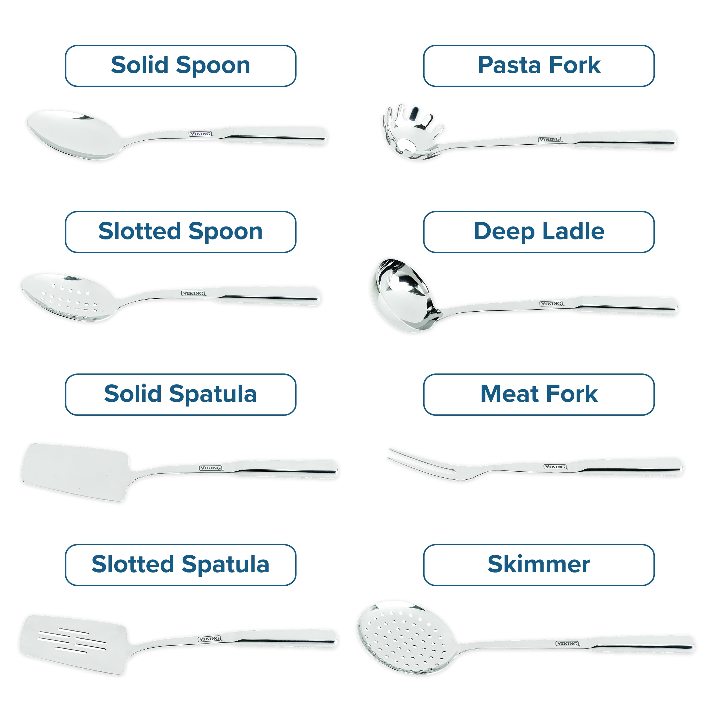 Viking 8-piece utensils set pasta fork, ideal for pasta and sauces.