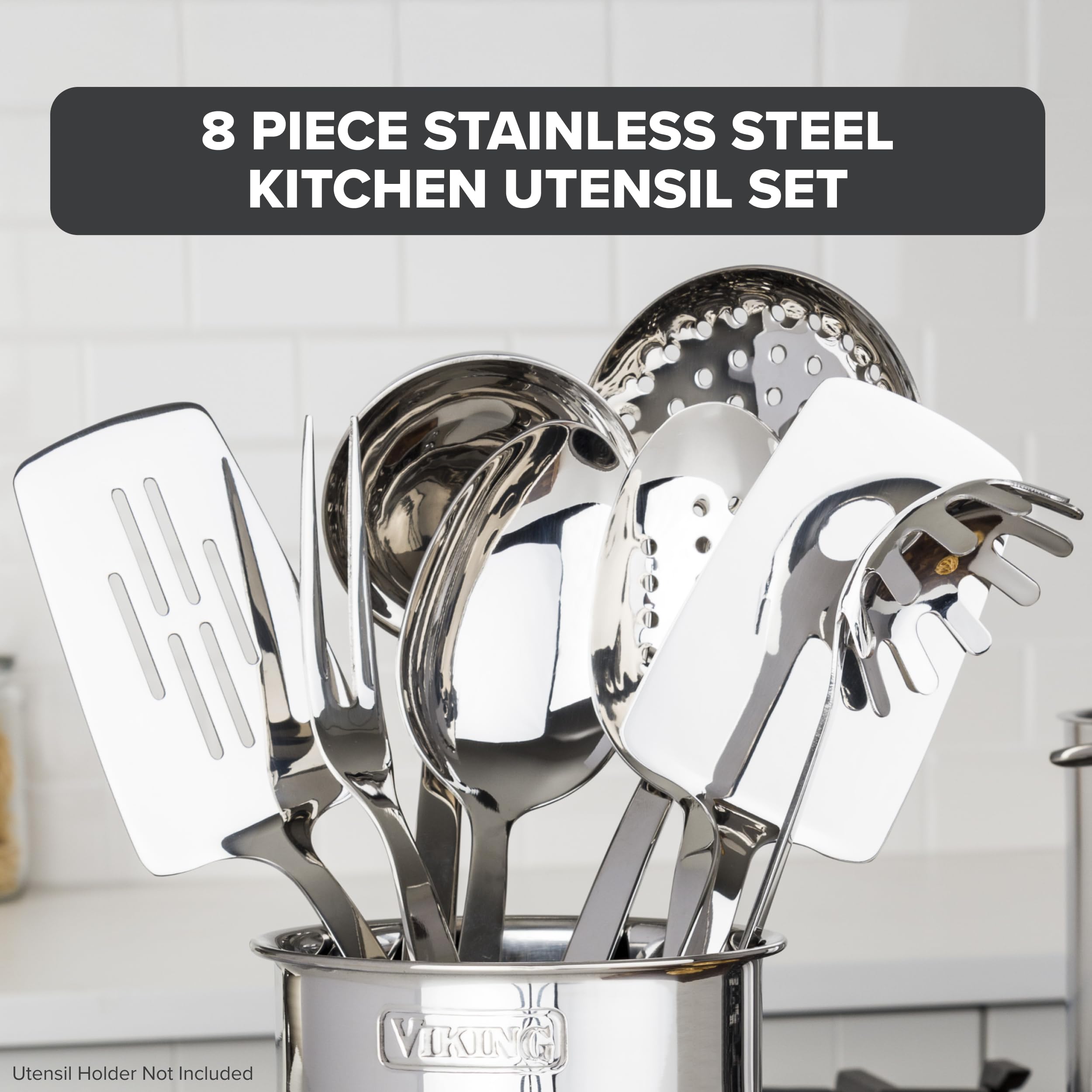 Viking 8-piece utensils set solid spoon with ergonomic hollow handle for comfort.