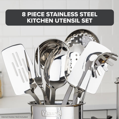 Viking 8-piece utensils set solid spoon with ergonomic hollow handle for comfort.