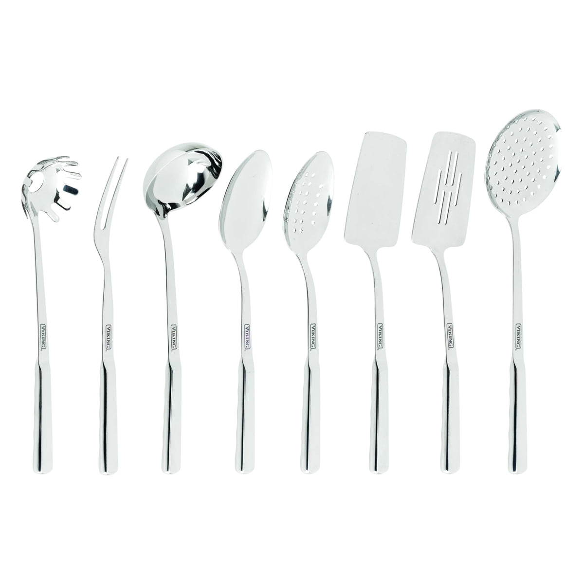 Viking 8-piece utensils set with spatula, durable stainless steel for versatile cooking.