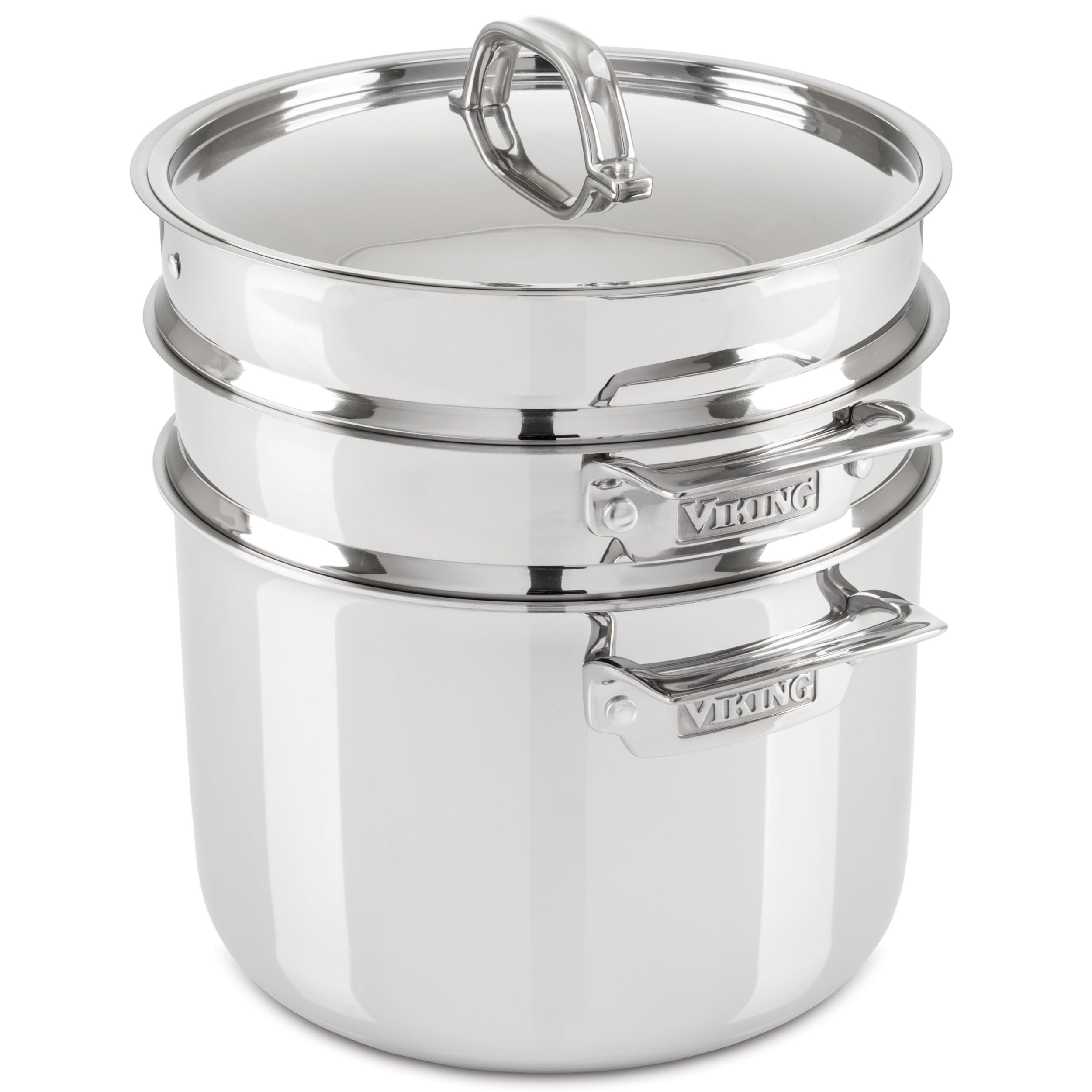 Viking 8qt pasta pot with lid demonstrates durable stainless steel construction for versatile cooking.