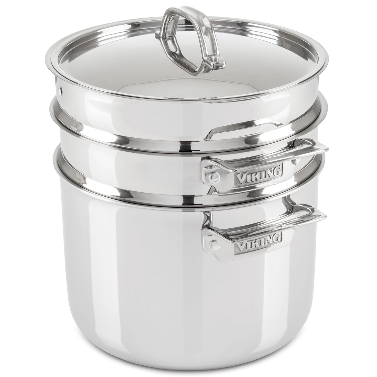 Viking 8qt pasta pot with lid demonstrates durable stainless steel construction for versatile cooking.