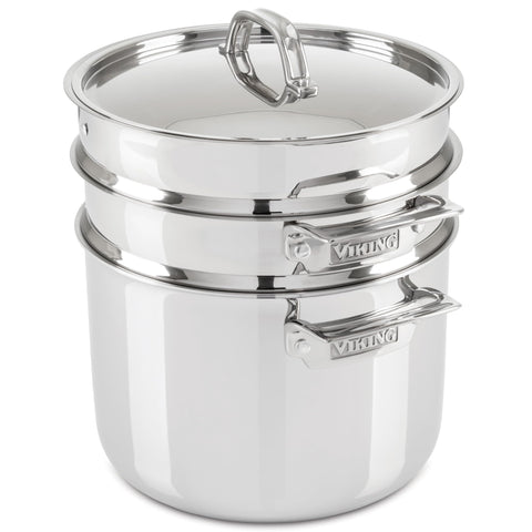 Viking 8qt pasta pot with lid demonstrates durable stainless steel construction for versatile cooking.