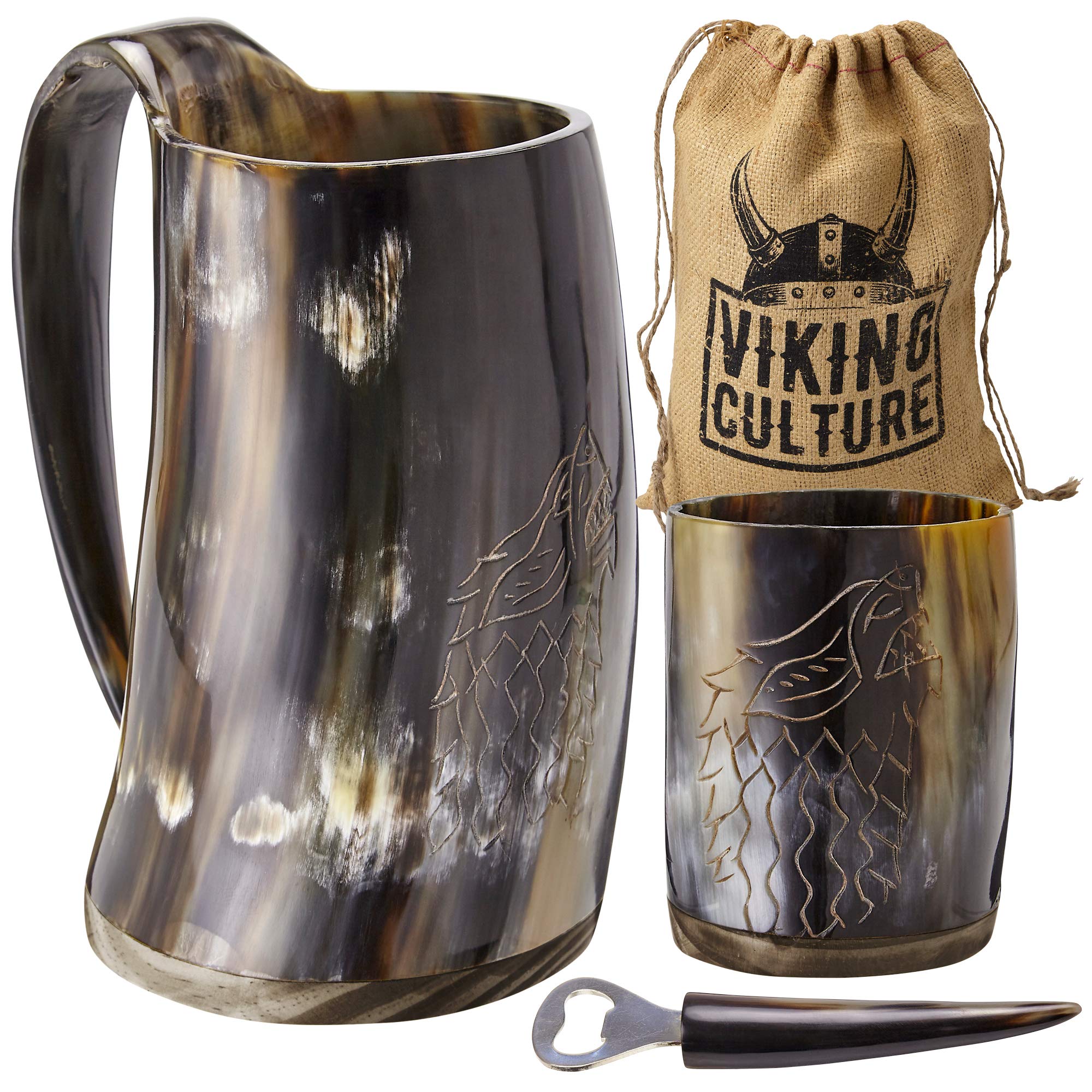 Viking Culture horn mug on wooden base enhances display