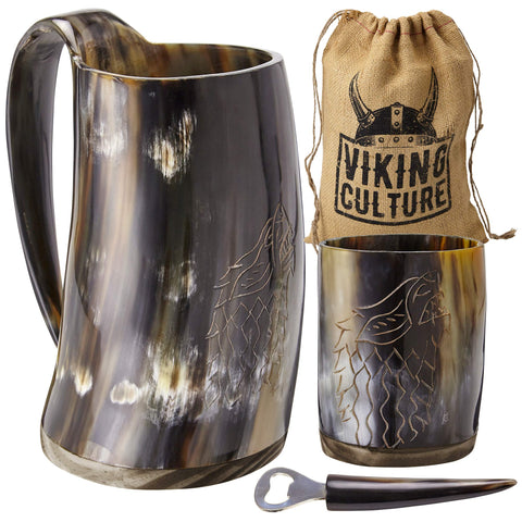 Viking Culture horn mug on wooden base enhances display