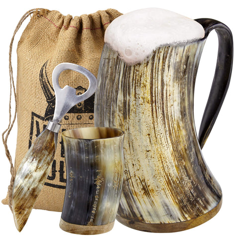 Viking Culture ox horn mug with natural finish for cold beer enjoyment.