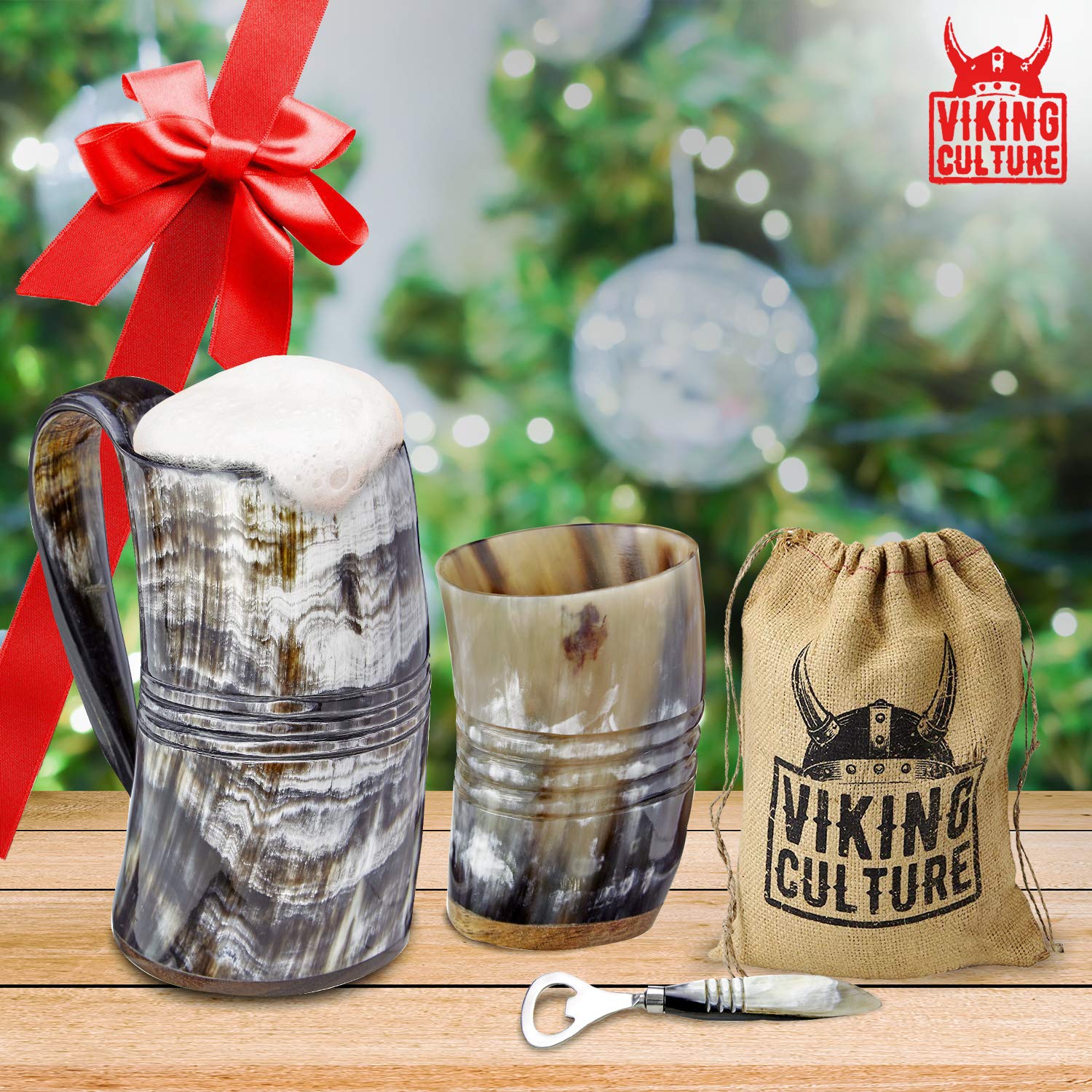 Ox horn mug close-up shows engraved design and handcrafted finish.