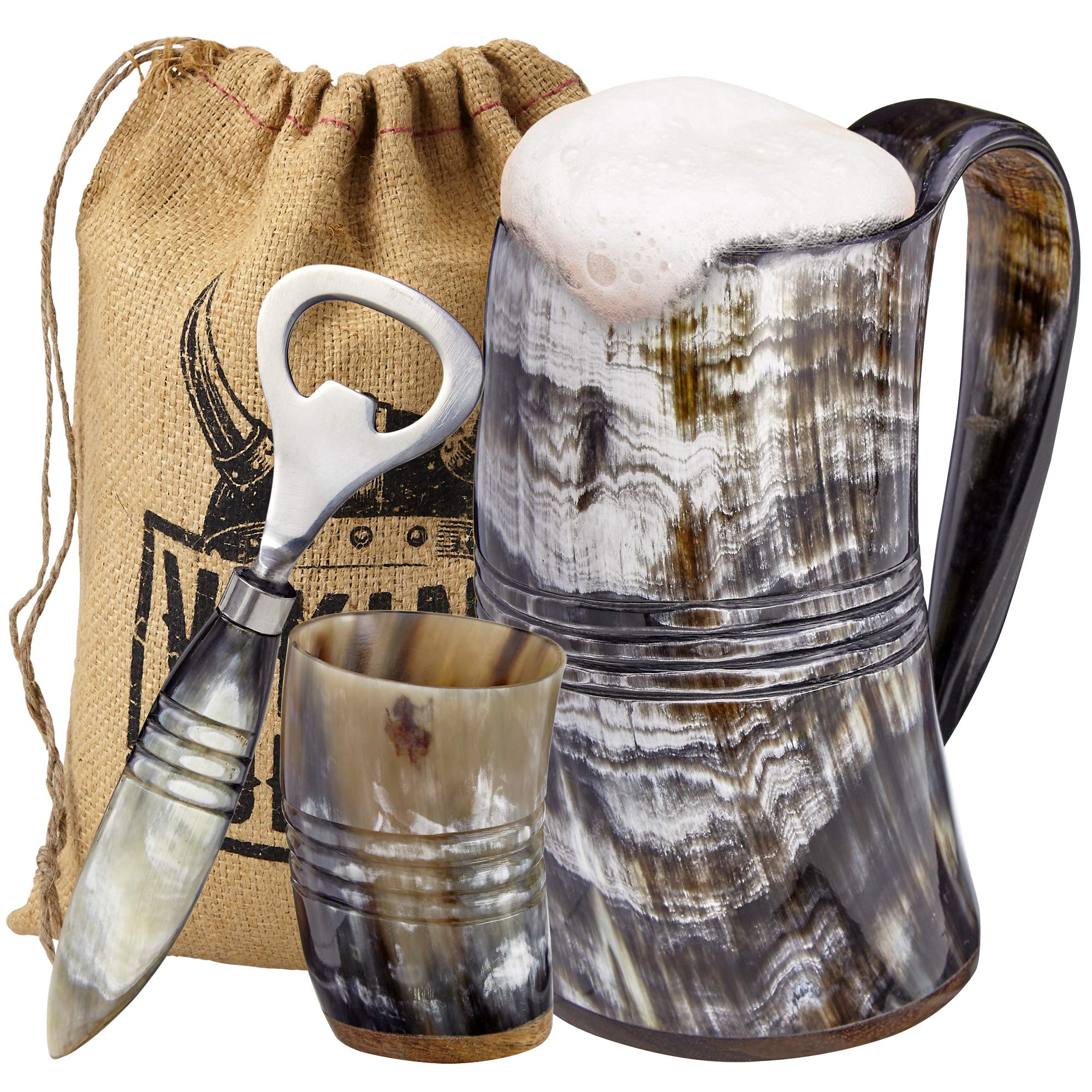 Viking Culture ox horn mug with natural color variation and engraved details.