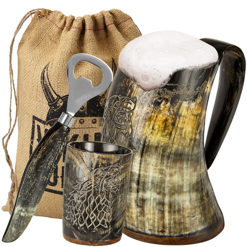 Viking Culture horn mug 16oz with hand-carved Norse design for epic beer servings