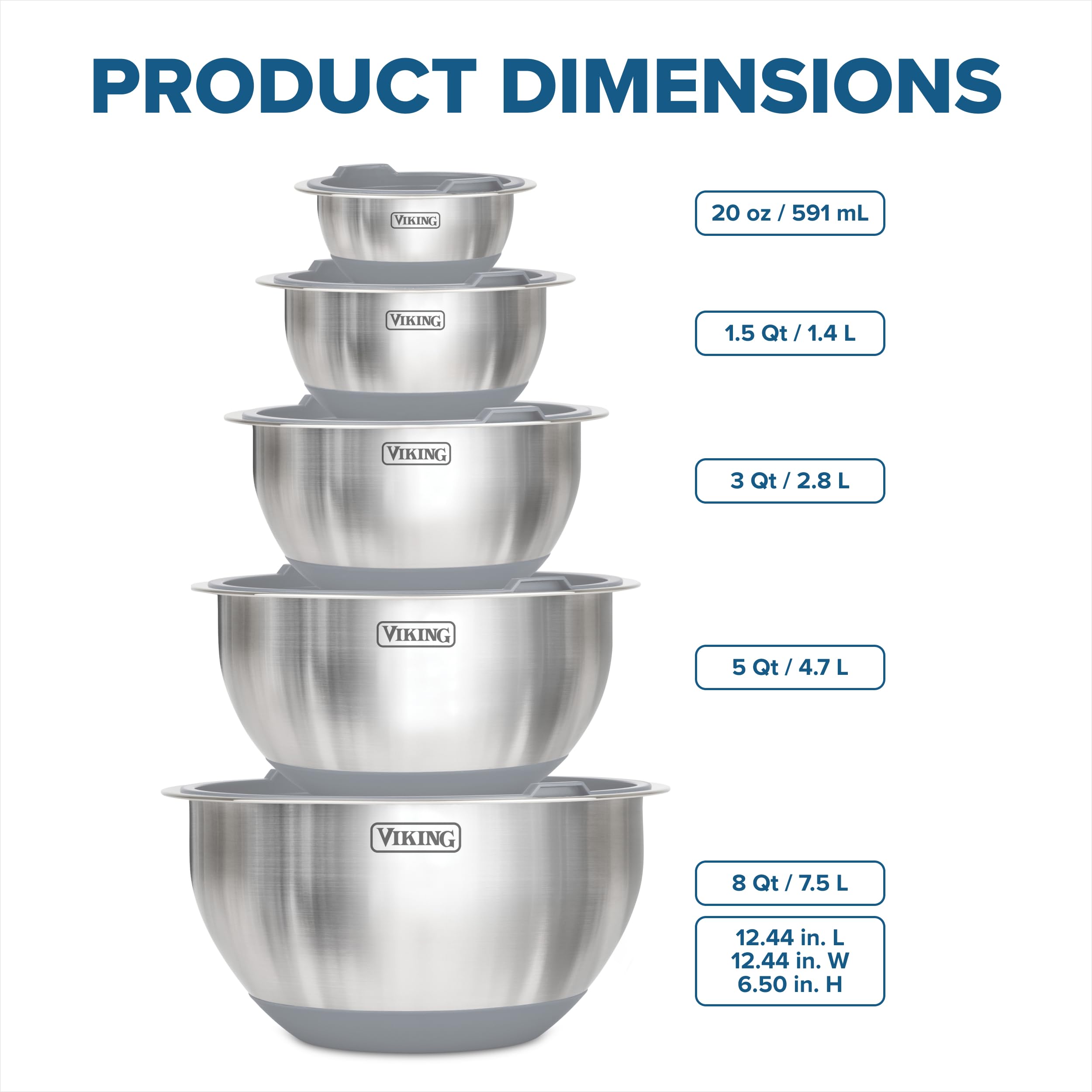 Viking flat-bottom stainless steel bowls for steady pouring