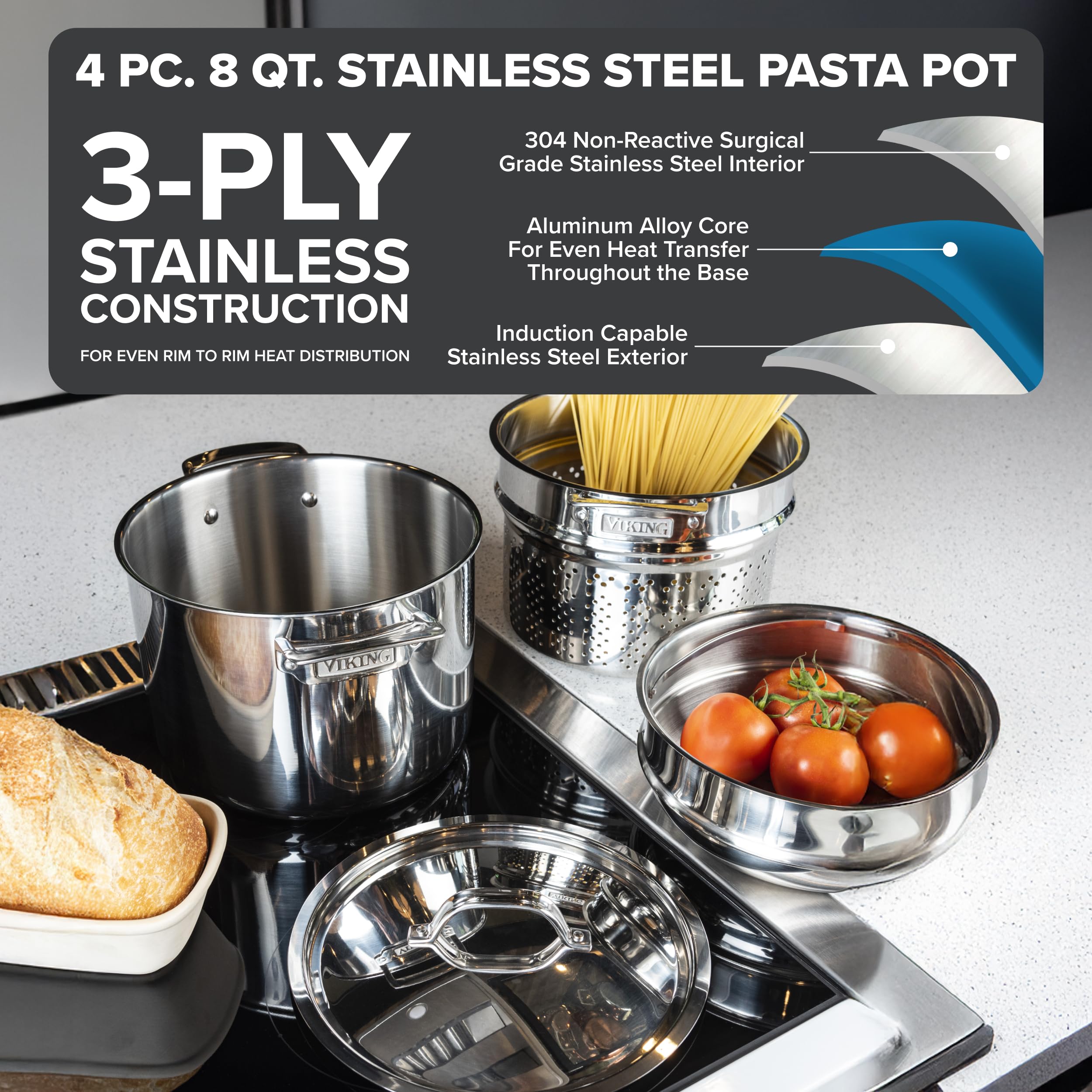 Viking four-piece multipot set showcases generous capacity for pasta and soups.