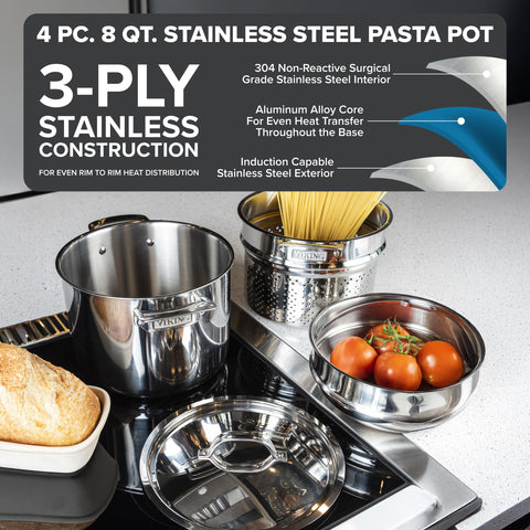 Viking four-piece multipot set showcases generous capacity for pasta and soups.