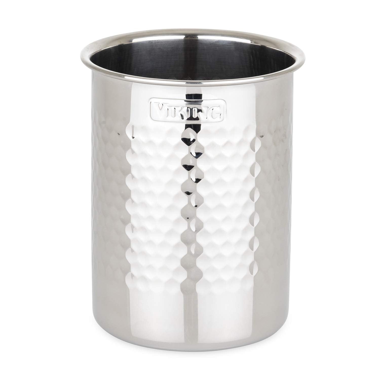 Viking hammered stainless steel utensil crock on kitchen counter for organized, easy-access cooking tools