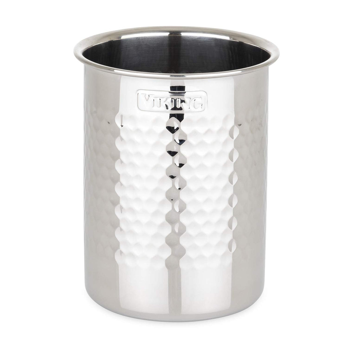 Viking hammered stainless steel utensil crock on kitchen counter for organized, easy-access cooking tools