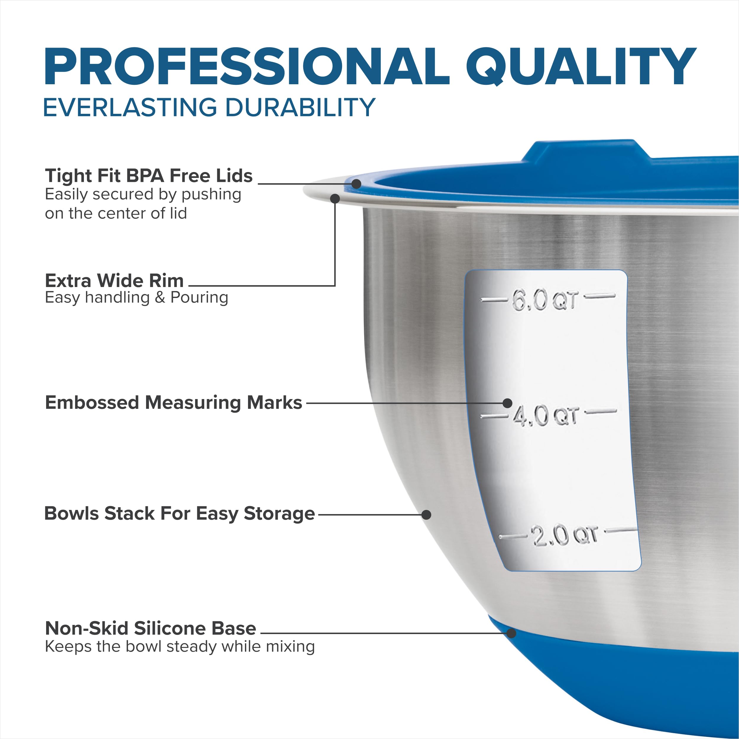 Viking 1.5-quart bowl showing embossed measurements for accurate mixing.