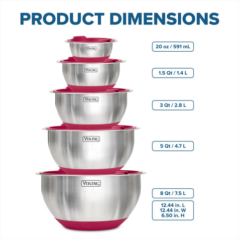 Viking mixing bowls extended edge support for smooth pouring.