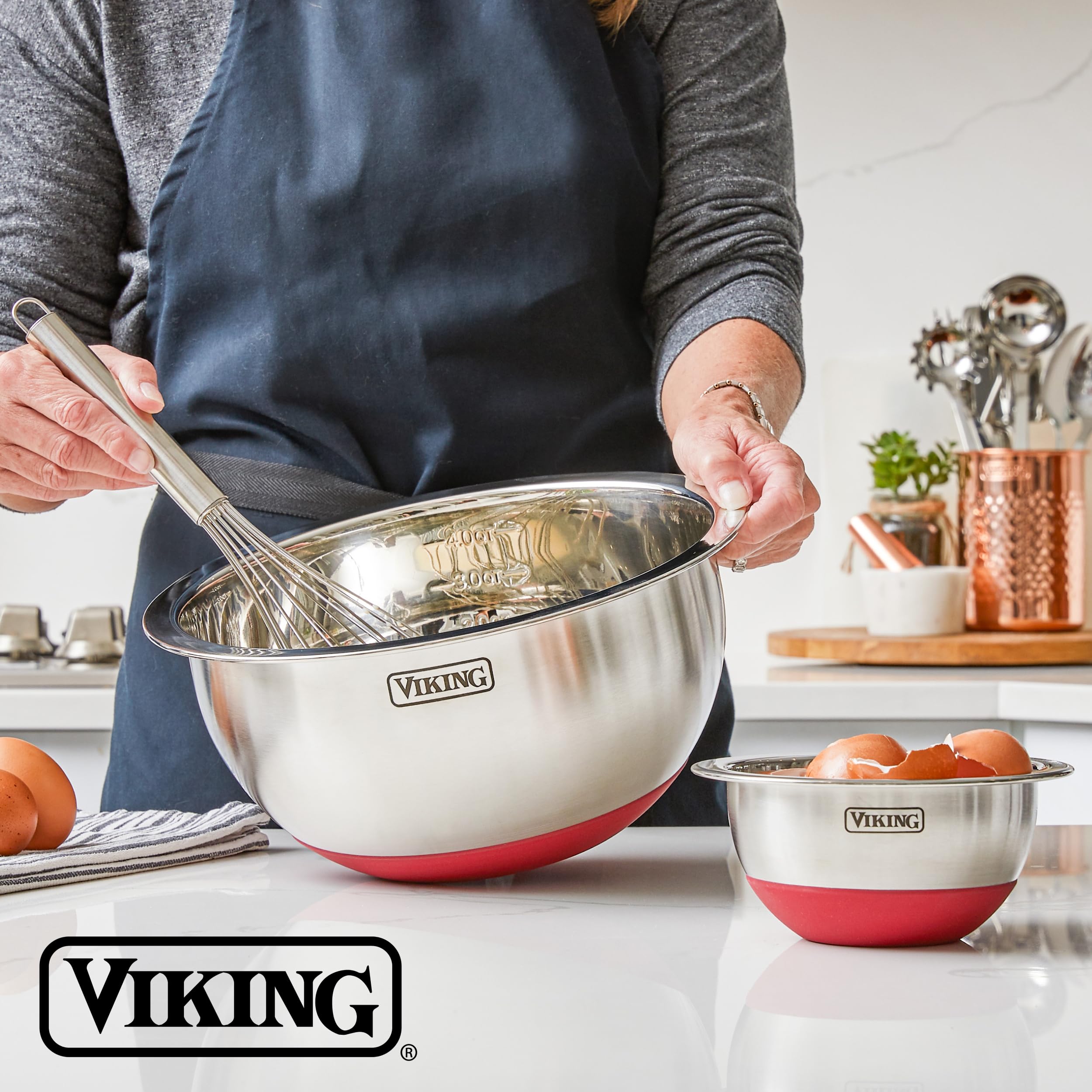 Viking mixing bowls nesting design saves space in cabinets.