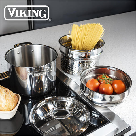 Viking riveted handles and mirror-finish exterior for durable, stylish cookware.