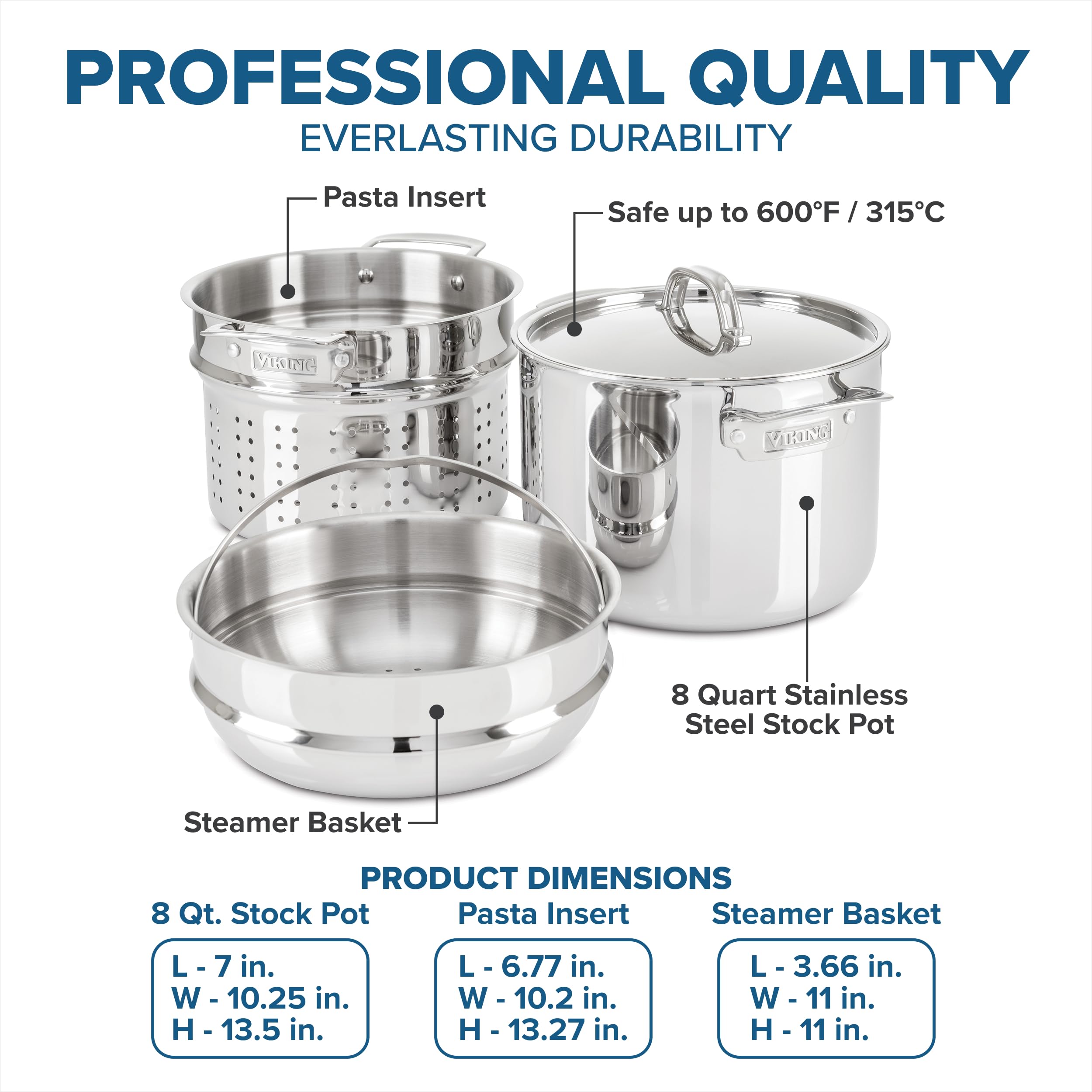 Viking steamer basket insert allows simultaneous boiling and steaming.
