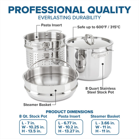 Viking steamer basket insert allows simultaneous boiling and steaming.