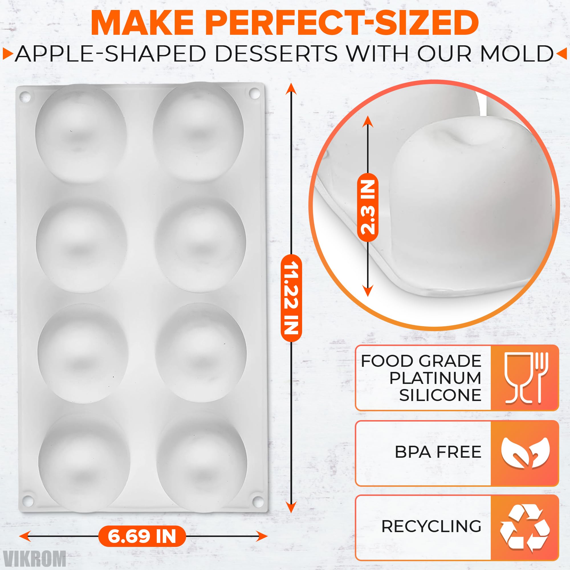 VIKROM apple silicone mold with 8 cavities offering non-stick release.