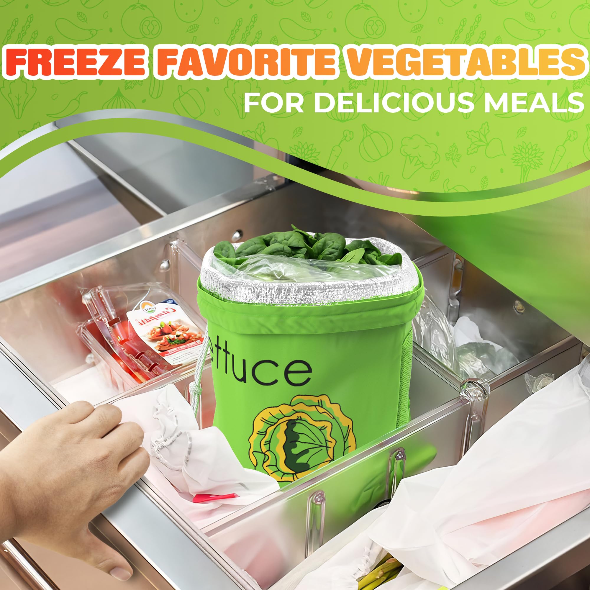 VIKROM yellow-green bags for fruit and vegetables on a kitchen counter