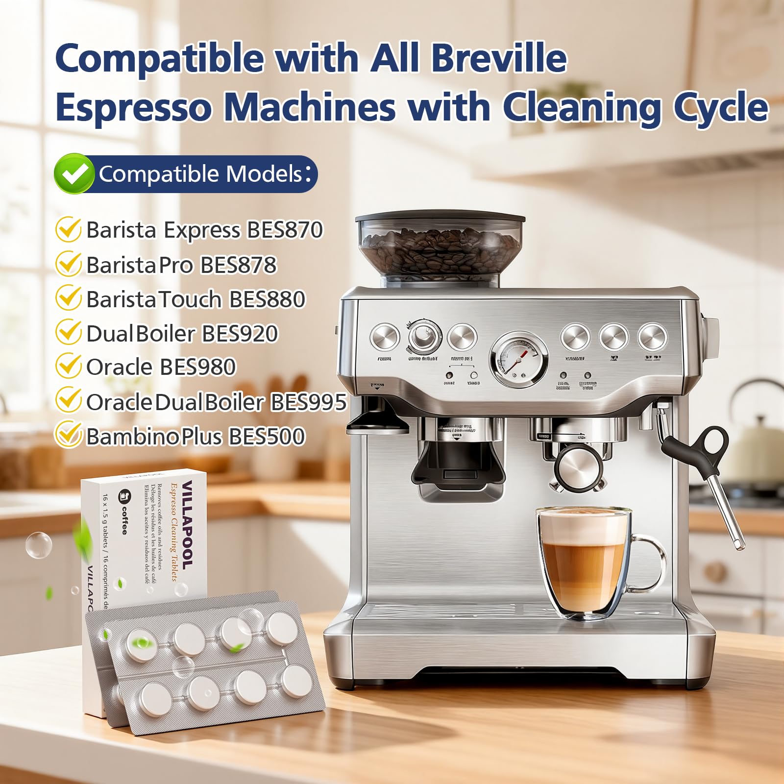 VILLAPOOL Breville compatible tablets with cleaning disc showcased for thorough upkeep