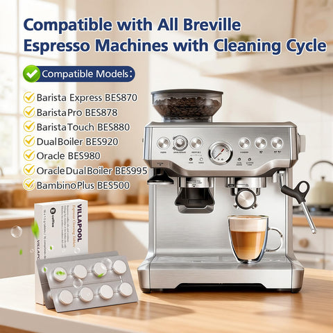 VILLAPOOL Breville compatible tablets with cleaning disc showcased for thorough upkeep