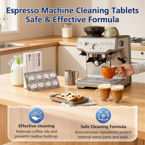 VILLAPOOL tablet with cleaning disc removes oils to maintain espresso quality