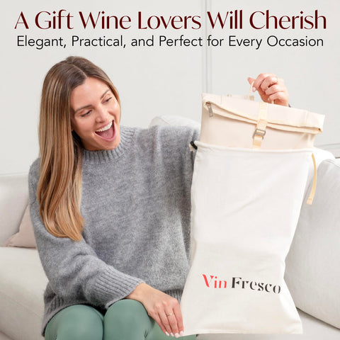 VIN FRESCO beige wine tote on a picnic setup outdoors