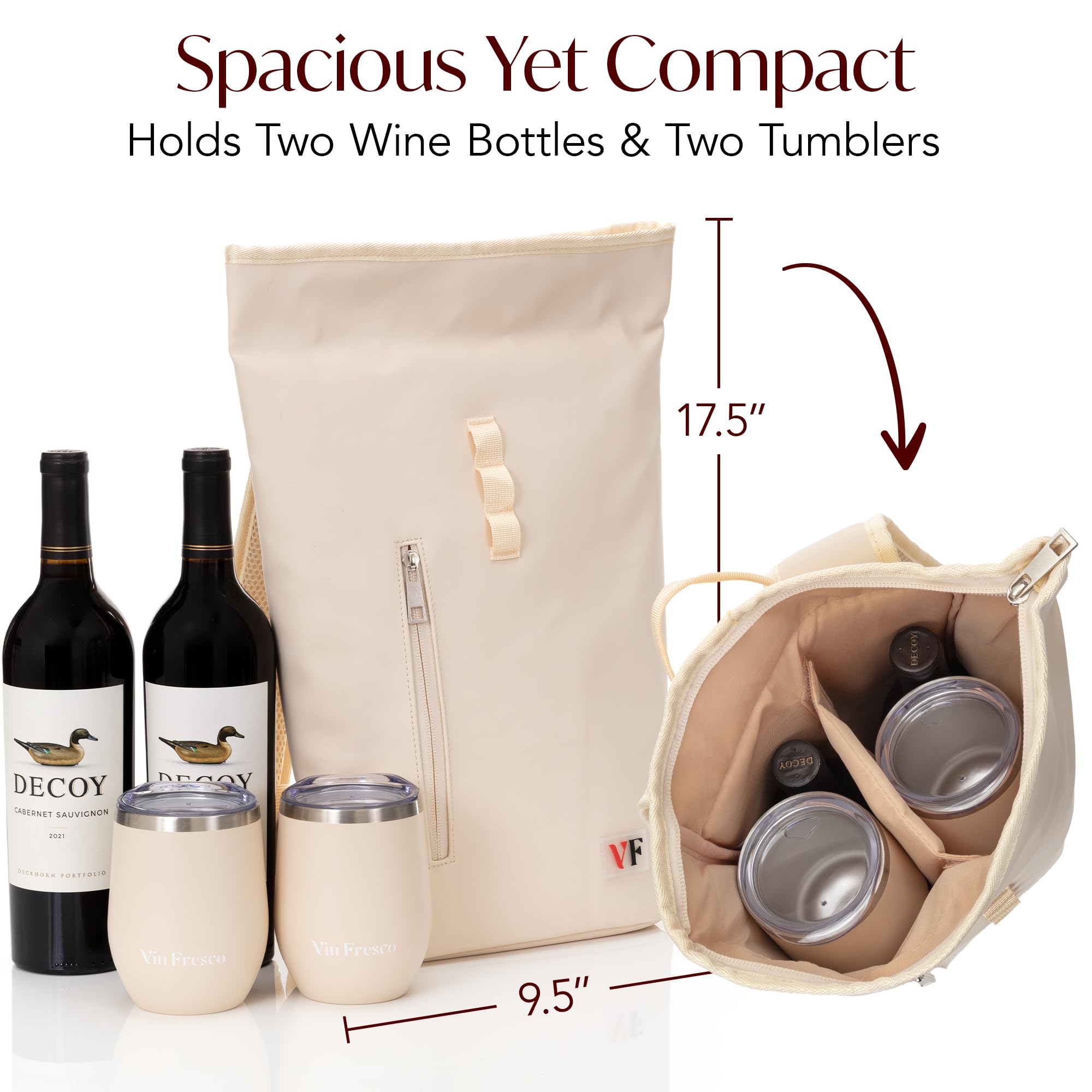 VIN FRESCO stainless steel tumblers with spill-proof lids complement the tote