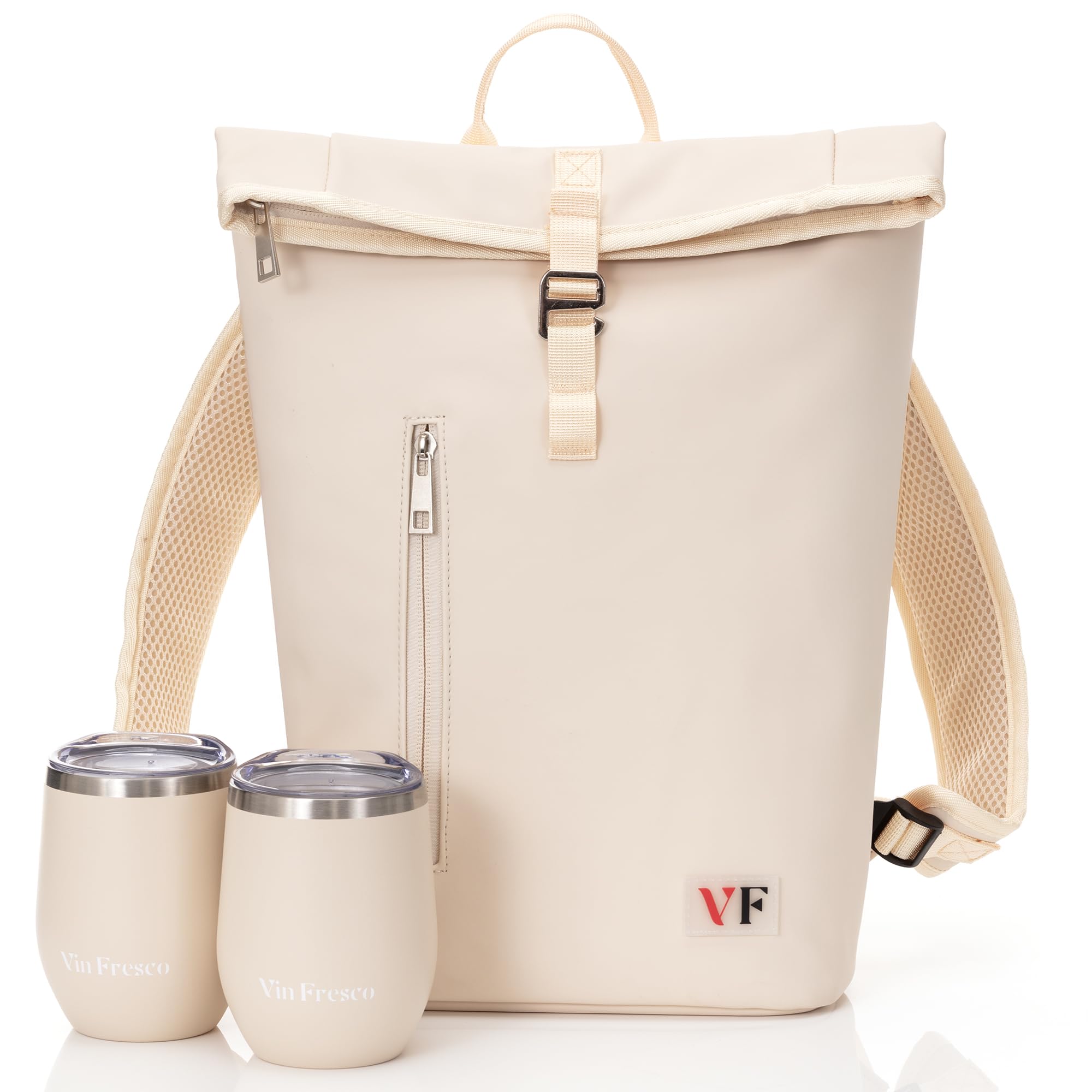 VIN FRESCO two-bottle rolltop wine tote beige closeup highlighting spill-resistant PU leather