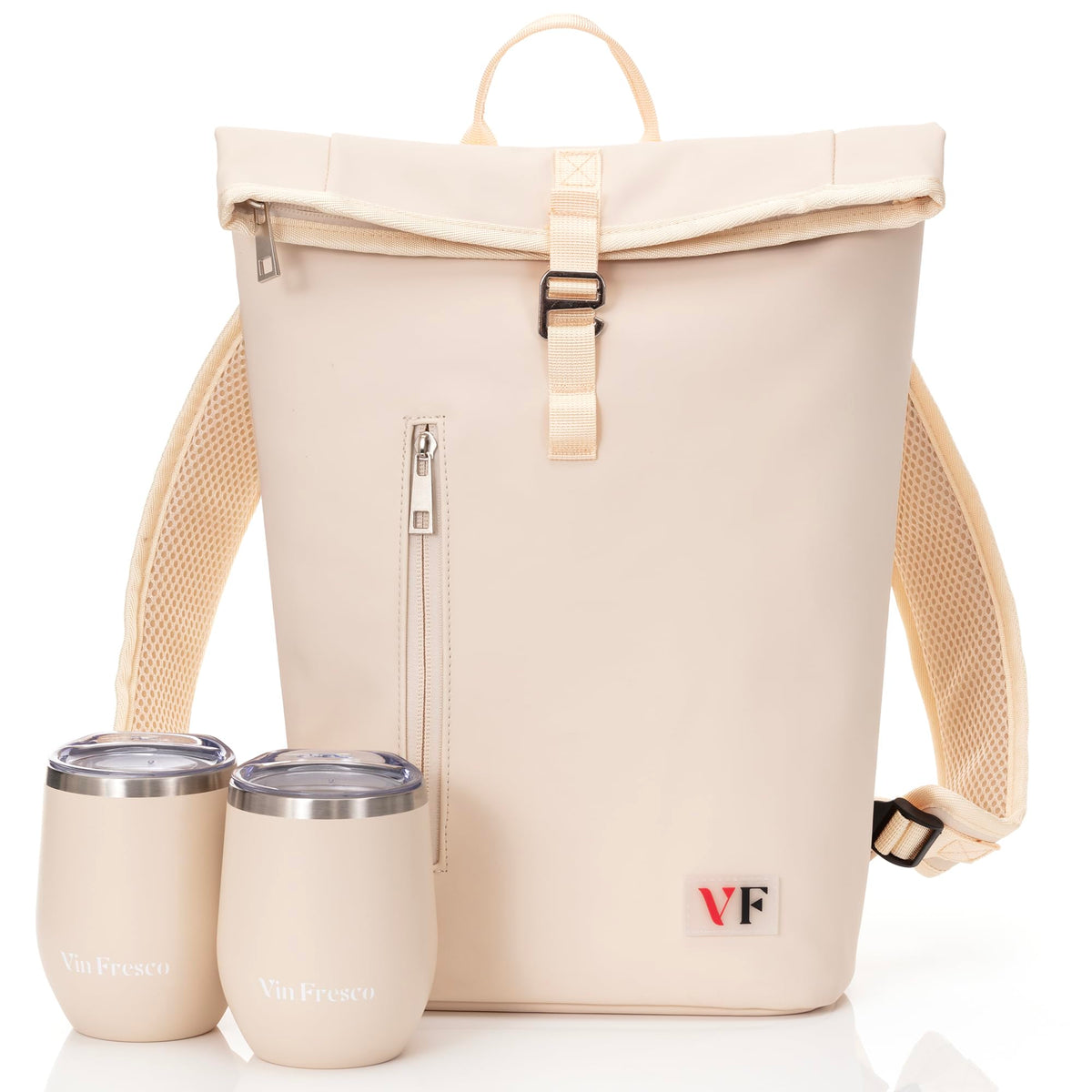 VIN FRESCO two-bottle rolltop wine tote beige closeup highlighting spill-resistant PU leather
