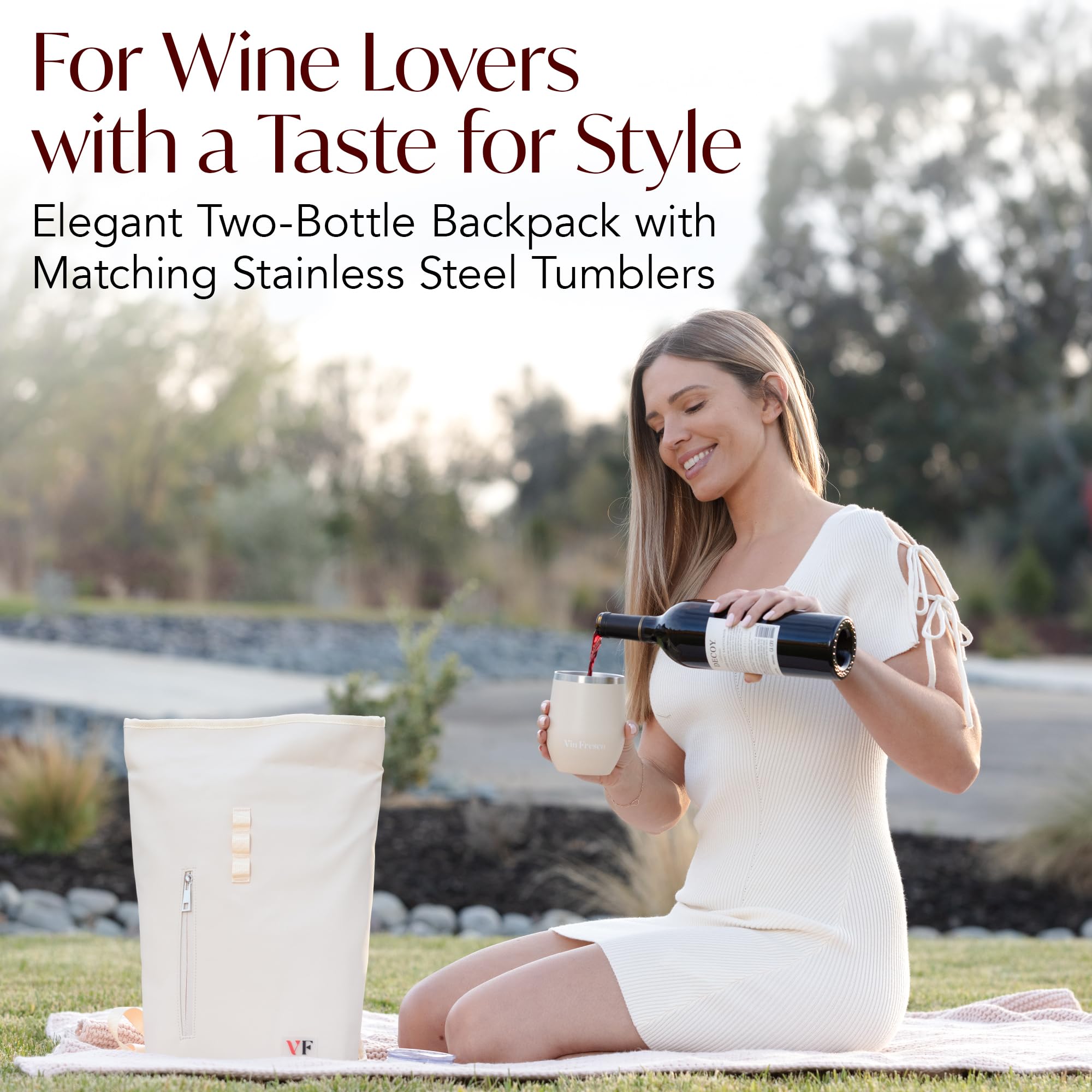 VIN FRESCO wine tote front view beige showing compact design