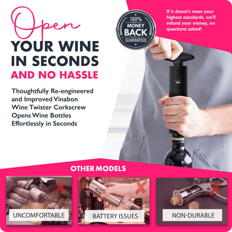 VINABON teflon-coated worm minimizes cork breakage and debris in wine