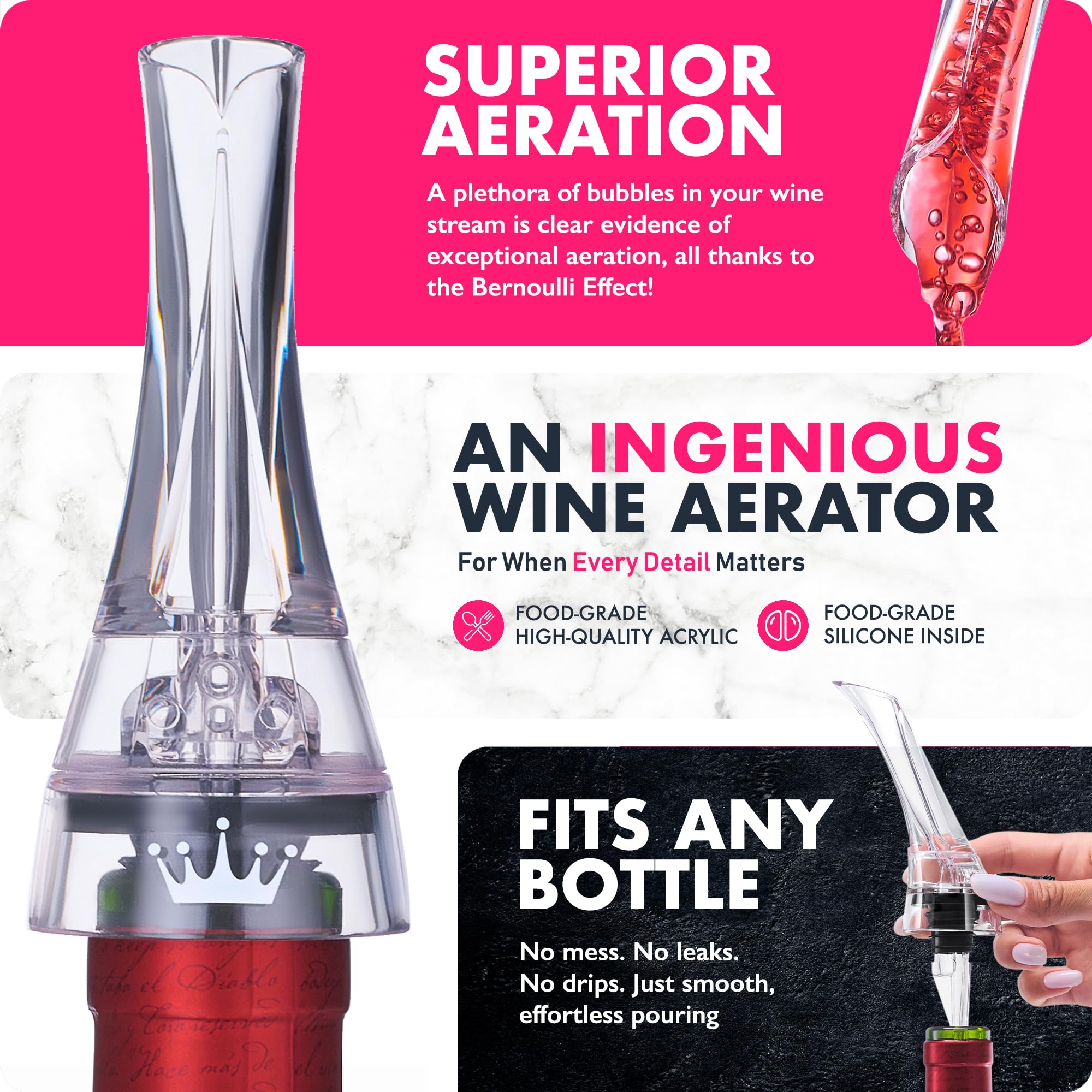 VINABON gurgling sound infuses oxygen for smoother fuller wine during pours.