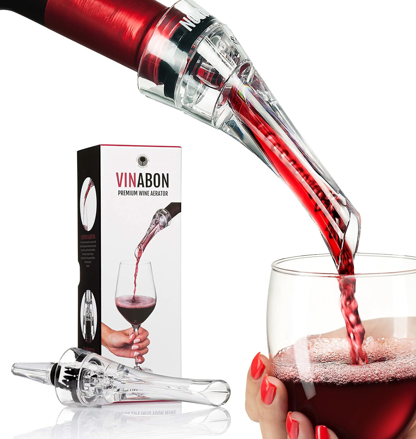 VINABON wine aerator pourer spout in action enhances bouquet and smooth finish.