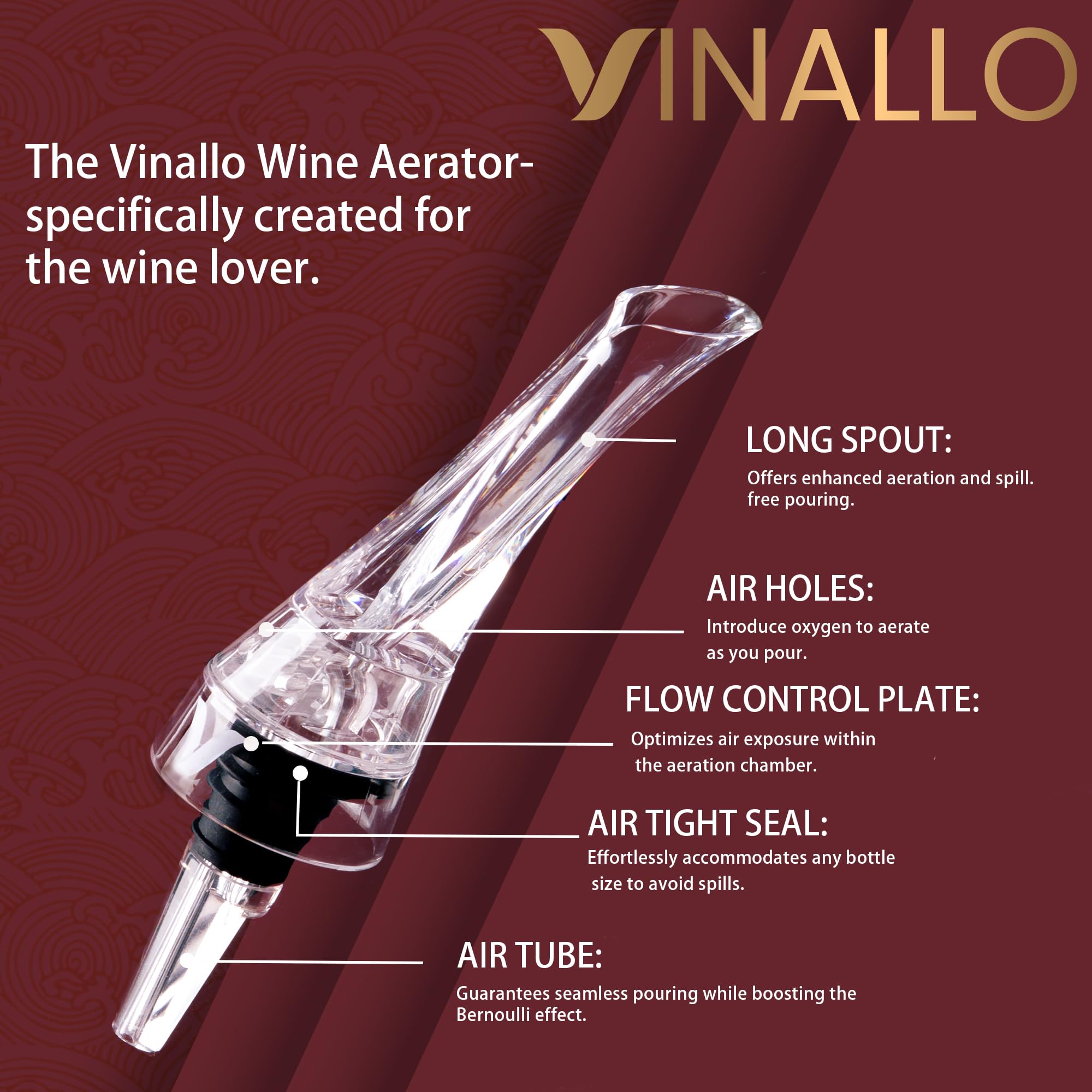 Vinallo diffuser at bottle neck creating cascading bubbles for aroma.